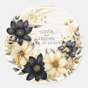 Rustic Floral Wedding Black White Wood Grain Classic Round Sticker