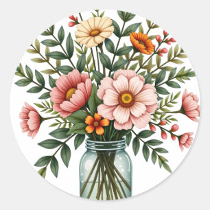 Rustic Floral Wedding Bouquet Mason Jar Botanical  Classic Round Sticker