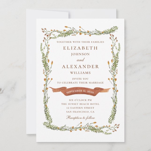 Rustic floral wedding. Country flowers. Botanical Invitation (Front)