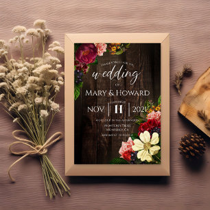 Rustic Floral Wedding - Dark Wood & Botanical Invitation