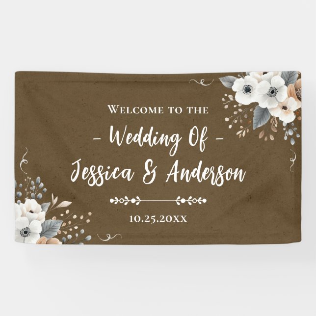 Rustic Floral Wedding Faux Kraft Paper Texture Banner (Horizontal)