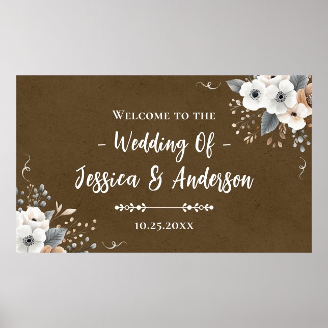 Rustic Floral Wedding Faux Kraft Paper Texture Poster (Front)