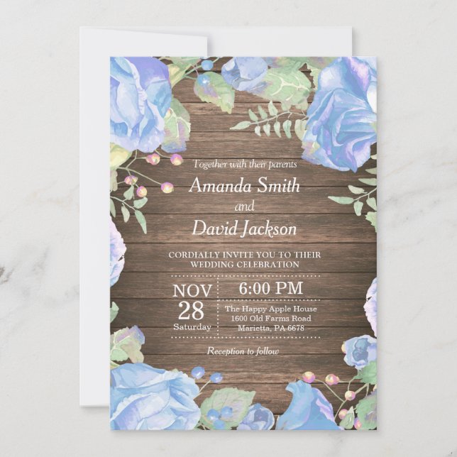 Rustic Floral Wedding Invitation Blue Watercolor (Front)
