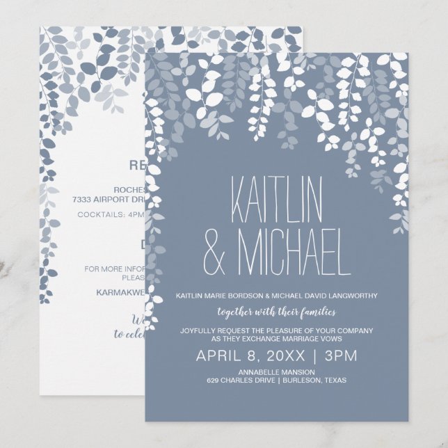 Rustic Floral Wedding Invitation (Dusty Blue) (Front/Back)