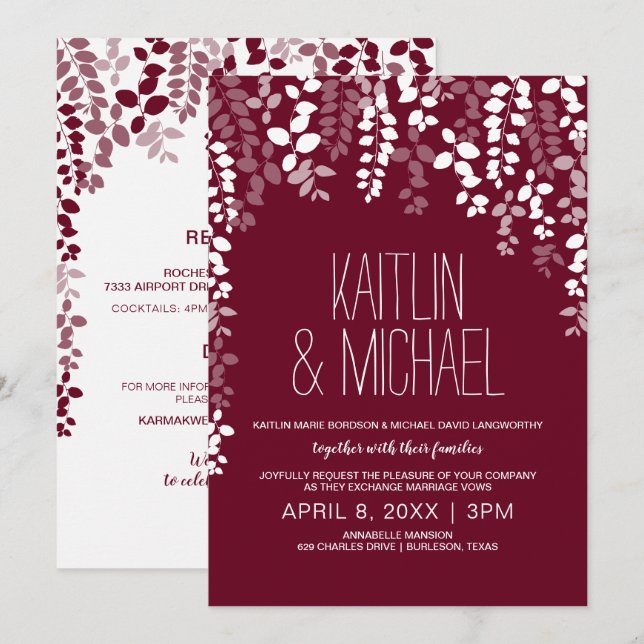 Rustic Floral Wedding Invitation (Marsala Wine) (Front/Back)