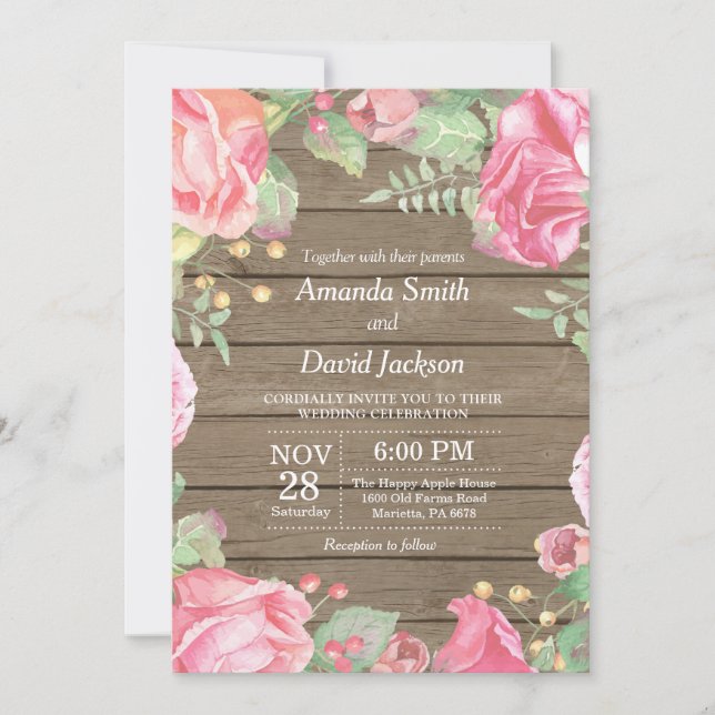 Rustic Floral Wedding Invitation Pink Watercolor (Front)