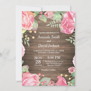 Rustic Floral Wedding Invitation Pink Watercolor