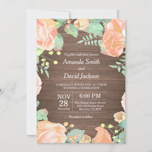 Rustic Floral Wedding Invitation Pink Watercolor (Front)