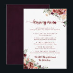 Rustic Floral Wedding Kissing Menu Game Card<br><div class="desc">This rustic floral wedding kissing menu game card is perfect for a summer wedding reception. The design features burgundy,  pink and blush watercolor flowers with green leaves in a brownish stained background.</div>