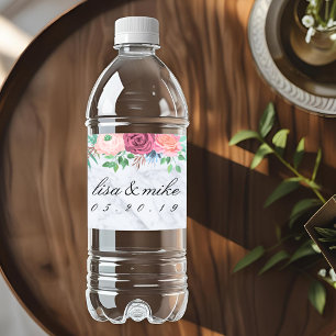 Rustic Floral Wedding Marble Water Bottle Label