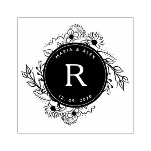 Rustic Floral Wedding Monogram Rubber Stamp