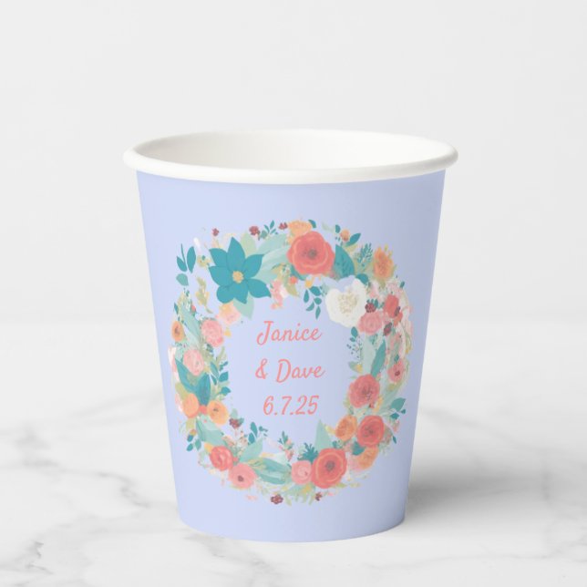 Rustic Floral Wedding Personalize with Name & Date Paper Cups (Front)