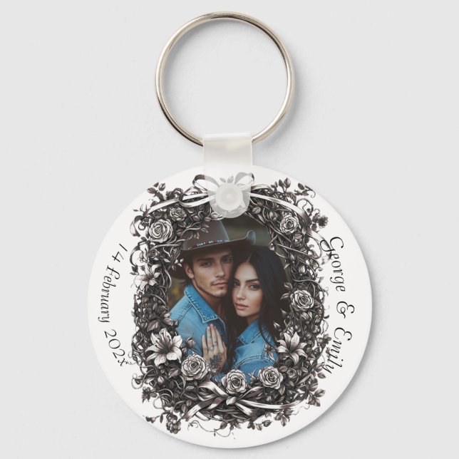 Rustic Floral Wedding, sepia. Key Ring (Front)
