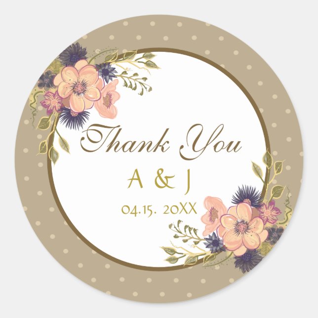 Rustic Floral Wedding Thank You Favour Classic Round Sticker (Front)