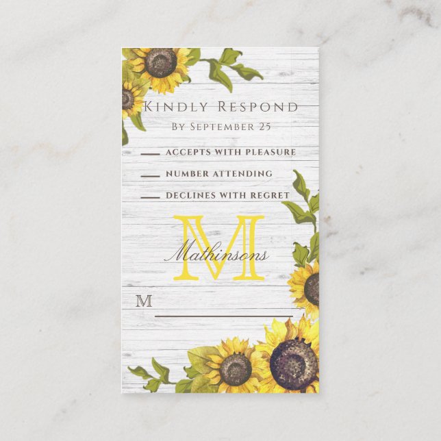  Rustic Floral Wedding  White Wood Sunflowers RSVP Enclosure Card (Back)