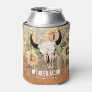 Rustic Floral Western Sunflowers Bull Skull Can Cooler