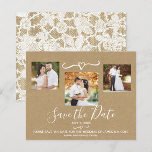 Rustic Floral White Lace Kraft Photo Save the Date