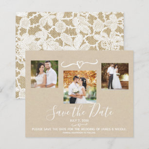 Rustic Floral White Lace Kraft Photo Save the Date