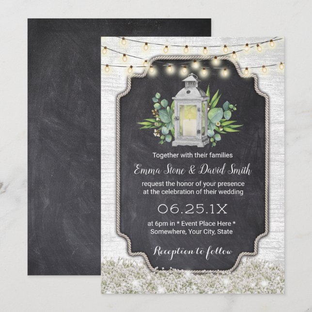 Rustic Floral White Lantern String Lights Wedding Invitation (Front/Back)