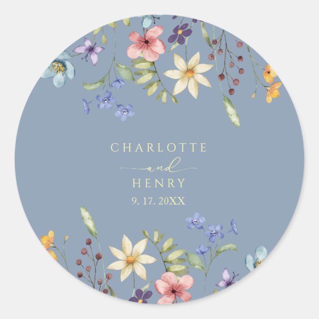 Rustic Floral Wildflowers Simple  Blue Wedding Classic Round Sticker (Front)