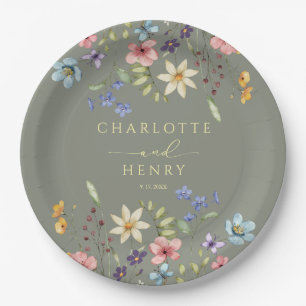 Rustic Floral Wildflowers Simple  Green Wedding Paper Plate