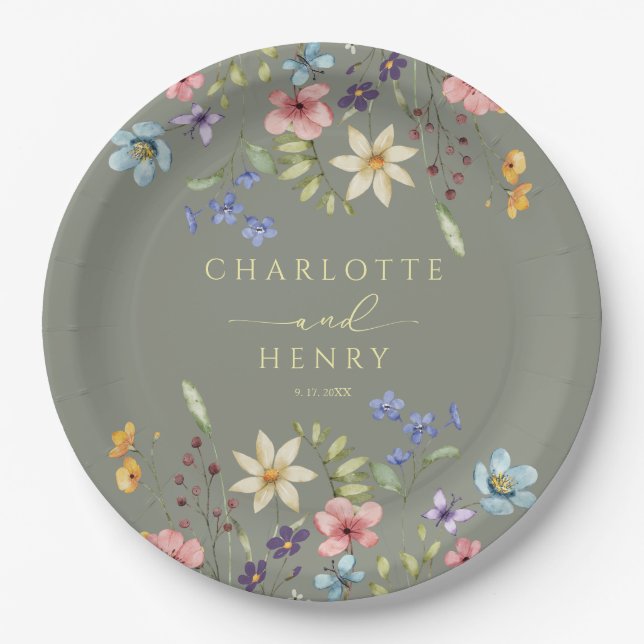 Rustic Floral Wildflowers Simple  Green Wedding Paper Plate (Front)