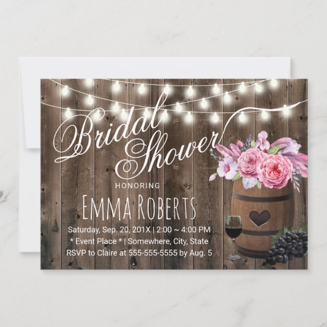 Rustic Floral Wine Barrel Barn Wood Bridal Shower Invitation (Front)