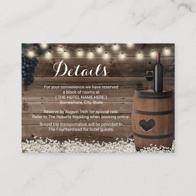 Rustic Floral Wine Barrel Hotel Accommodations Enclosure Card (Front)