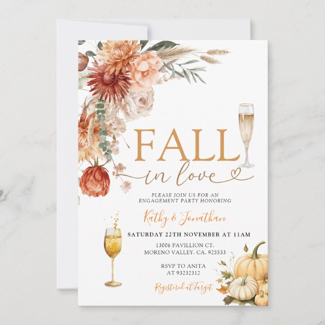Rustic Floral Wine Fall in Love Engagement Party Invitation (Front)