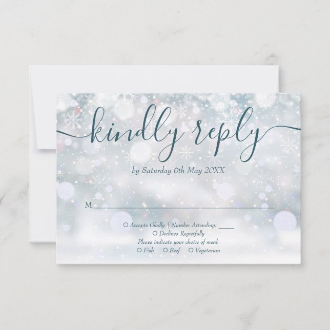 Rustic Floral Winter Snowflakes Wedding RSVP Card (Front)