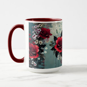 Rustic Floral with Roses in Dark Teal and Burgundy Mug