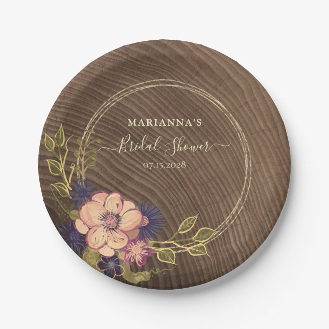 Rustic Floral Wood Bridal Shower Paper Plate (Front)