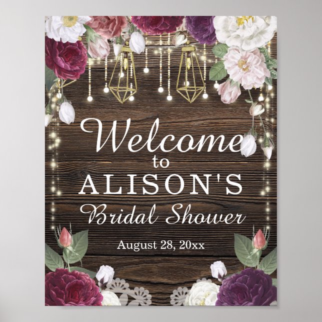 Rustic Floral Wood Bridal Shower Welcome Sign (Front)