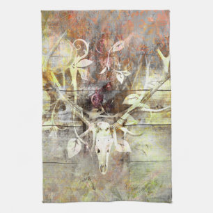 Rustic Floral Wood Grain Stag Skull Antlers Tea Towel
