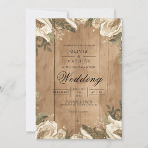 Rustic Floral Wood Grain Wedding Invitation