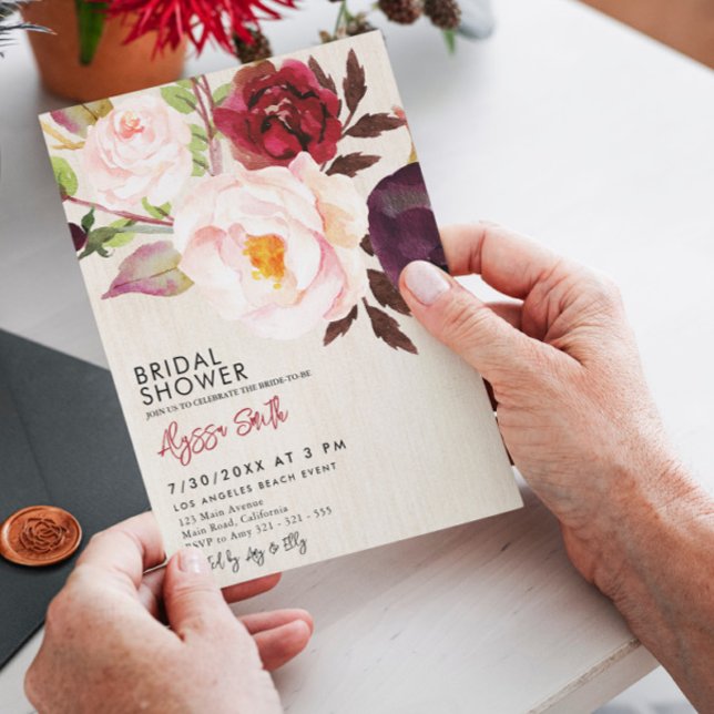 Rustic Floral Wood Marsala Burgundy Bridal Shower Invitation (Creator Uploaded)