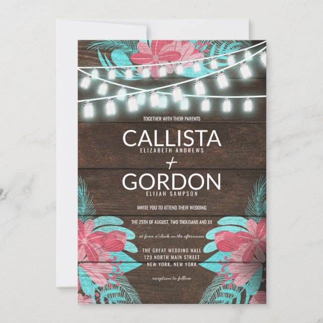 Rustic Floral Wood Mason Jar Lights Wedding Invitation (Front)