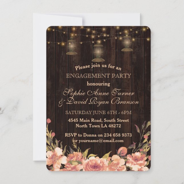 Rustic Floral Wood Old Lanterns Engagement Party Invitation (Front)
