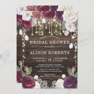 Rustic Floral Wood String lights Bridal Shower Invitation