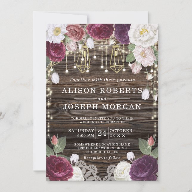 Rustic Floral Wood String lights Wedding Invitation (Front)