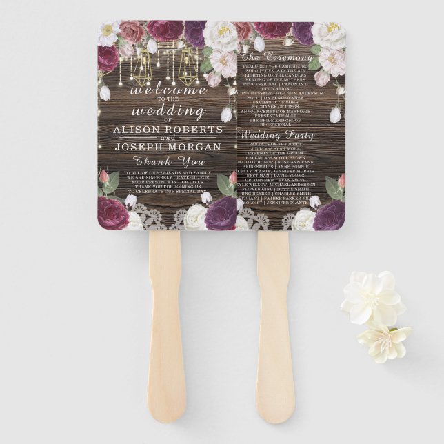 Rustic Floral Wood String lights Wedding Program Hand Fan (Front and Back)