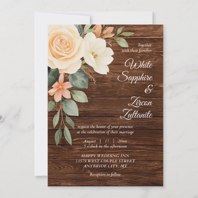 Rustic Floral Wood Wedding Invitation (Front)