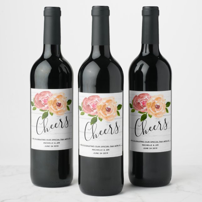 Rustic floral wooden wedding wine labe wine label (Bottles)