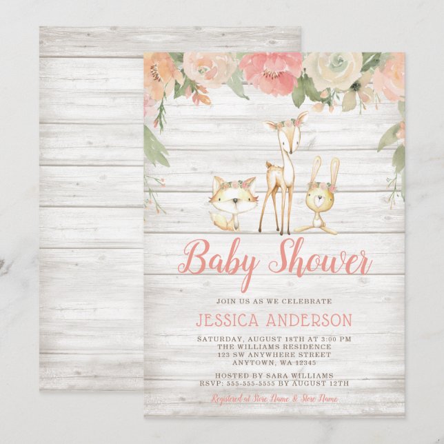 Rustic Floral Woodland Animals Girl Baby Shower Invitation (Front/Back)