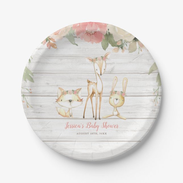 Rustic Floral Woodland Animals Girl Baby Shower Paper Plate (Front)