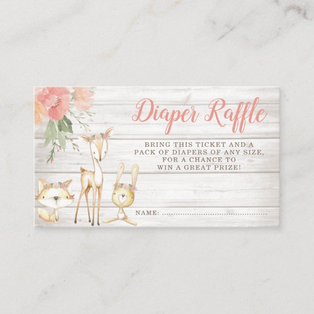 Rustic Floral Woodland Animals Girl Diaper Raffle Enclosure Card (Front)