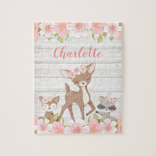Rustic Floral Woodland Animals Personalised Kids Jigsaw Puzzle