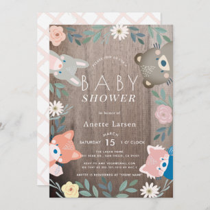 Rustic Floral Woodland Animals Pink Baby Shower Invitation