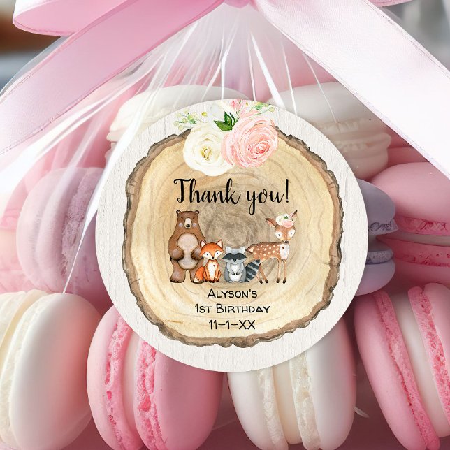 Rustic floral woodland cute animals girl birthday classic round sticker (Creator Uploaded)