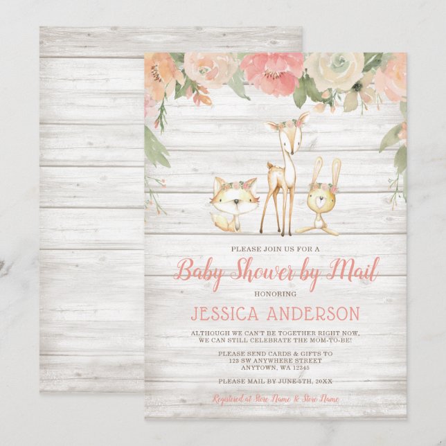 Rustic Floral Woodland Girl Baby Shower by Mail Invitation (Front/Back)